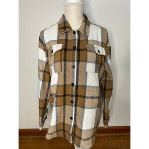 Trendy Queen Women's Plaid Flannel Shirt Medium Brown White Black Button Up